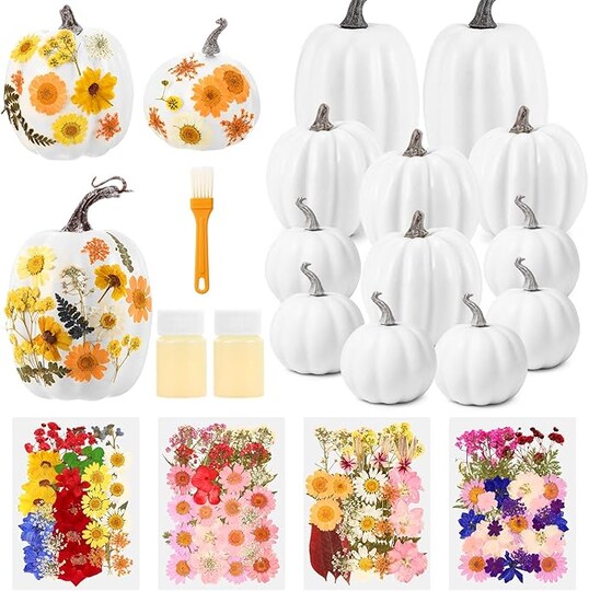 Citrus; 12PCS White Foam Pumpkin Craft Kit with 140 Dried Flowers – DIY Autumn Decoration Set with Glue & Brush for Thanksgiving, Halloween, Wedding & Fall Home Centerpiece Decor; Category:Pumpkin Decor; Image:1